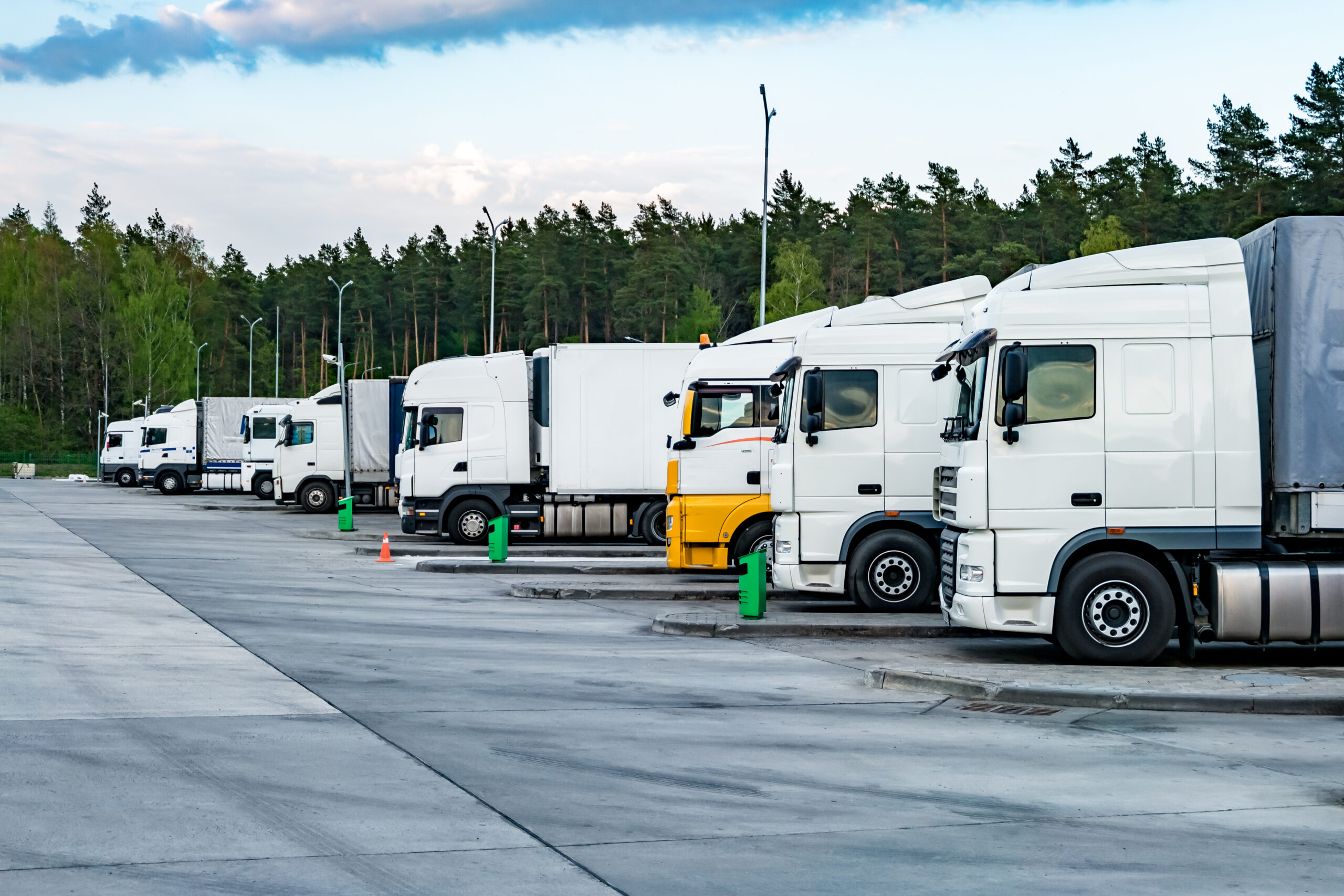 Trucks in a row with containers in the parking lot near forest ,